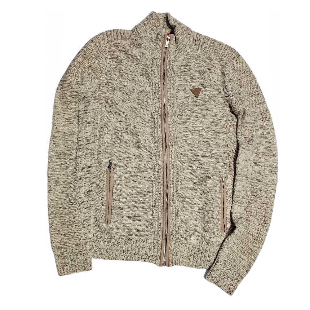 Guess Beige Marbled Zip Up Mock Neck Sweater Men - Picture 7 of 15
